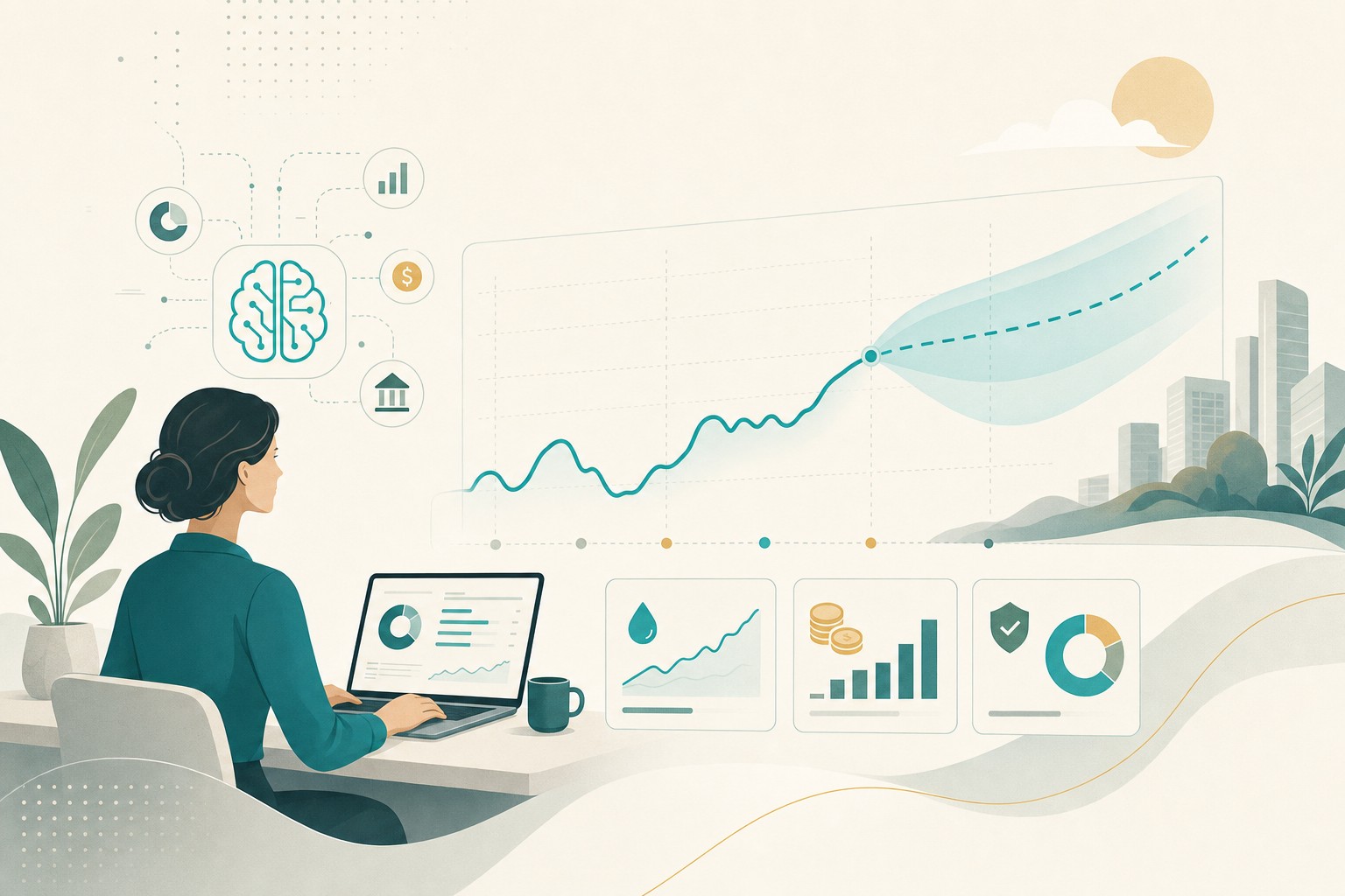 Kontroller egy AI-alapú cash-flow előrejelzés dashboardját nézi a monitoron