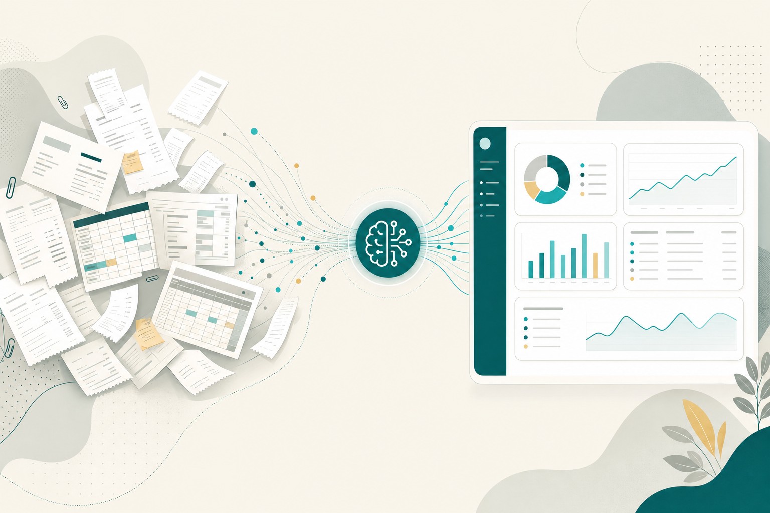 Szétszórt számlák és Excel-táblák egy AI-csomóponton át rendezett pénzügyi kontrolling dashboarddá állnak össze, meleg krém háttéren